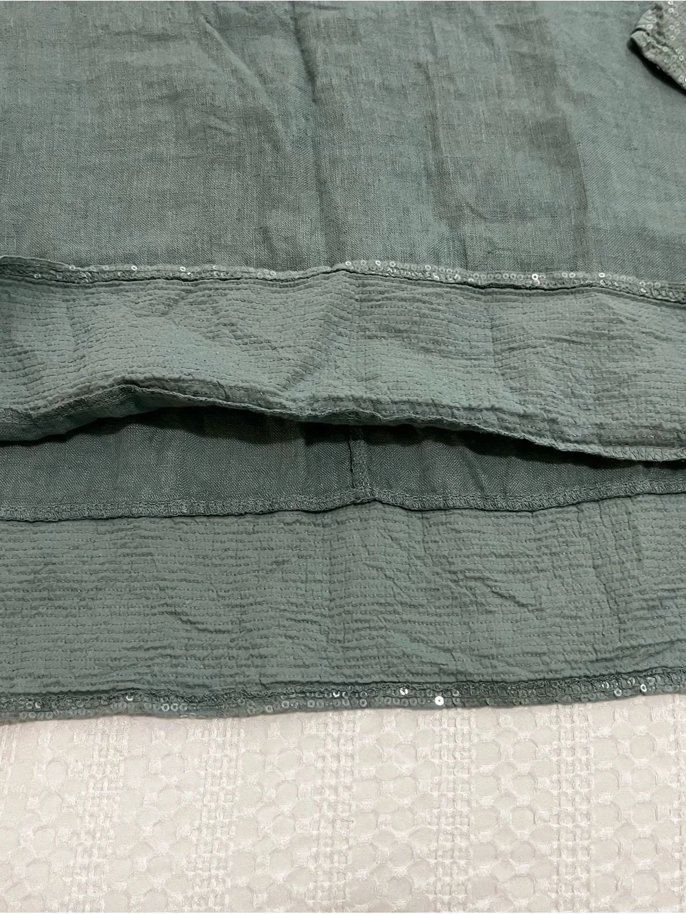 Bellambra Relaxed Sage Light Teal Linen Tunic with Sequin Trim Sz L Breezy - Picture 5 of 9